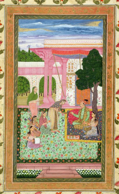 Keizer Jahangir (1569-1627) met zijn gemalin en bedienden in een tuin, uit het Small Clive Album door Mughal School